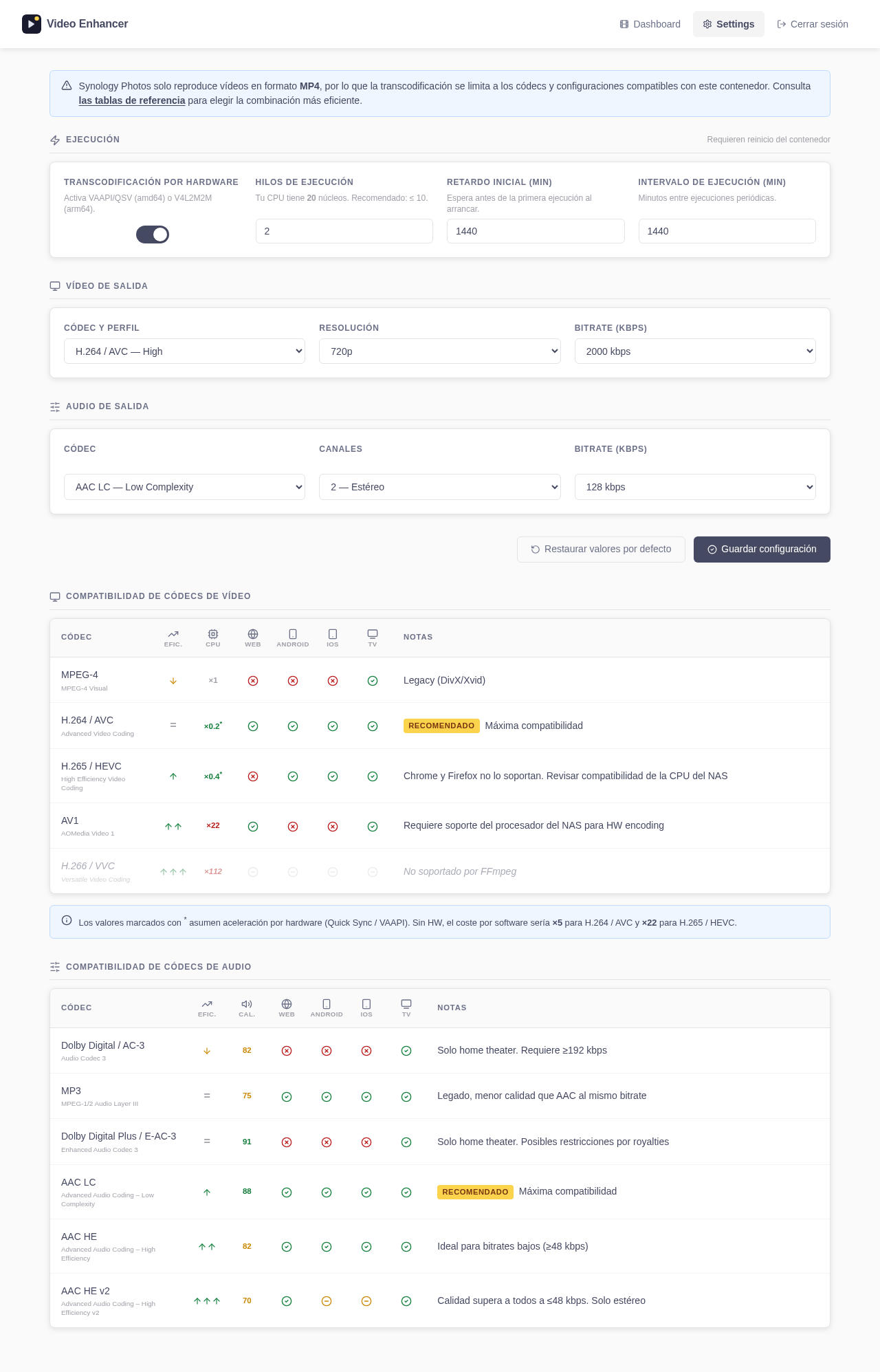 Settings page with codec, bitrate, and resolution controls